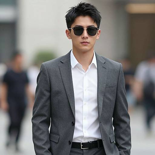 Photograph of an Asian man with short black hair, wearing black sunglasses, a grey suit, white shirt, and black belt, walking confidently in a