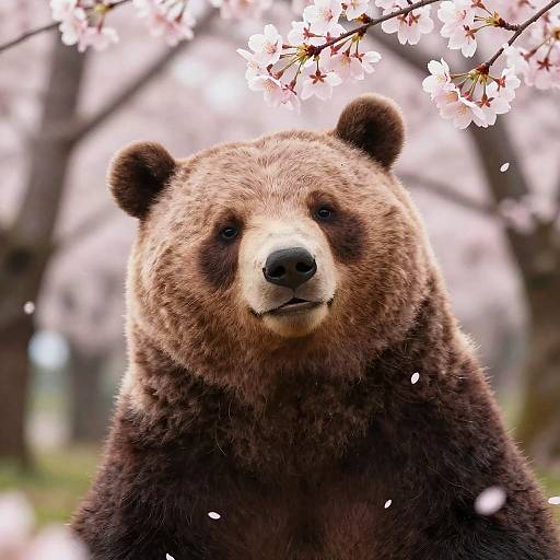 Smiling Bear Beneath Cherry Blossoms