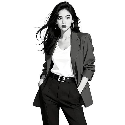 Black and White Fashion Illustration of Confident Woman