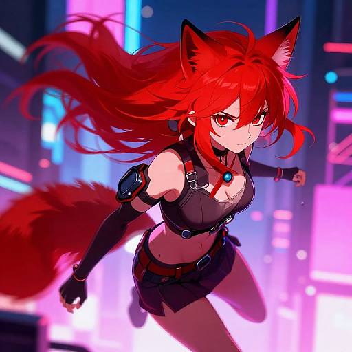 Digital anime artwork of a red-haired, fox-eared girl with red eyes, black outfit, and arm guard, running through a neon-lit city