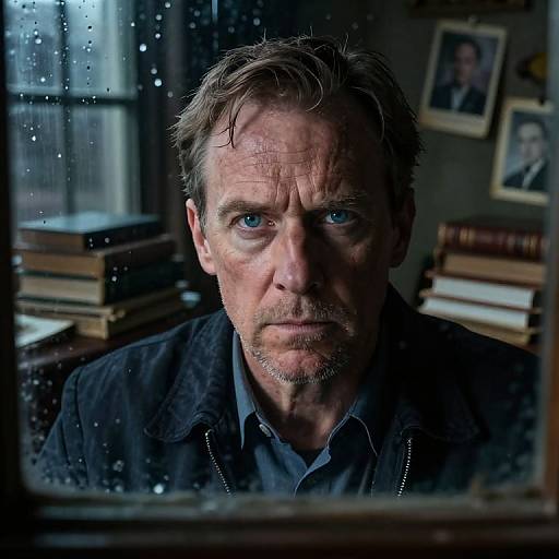 Photograph of a weary, middle-aged man with blue eyes and graying hair, looking through a rainy window, surrounded by books and framed photos in