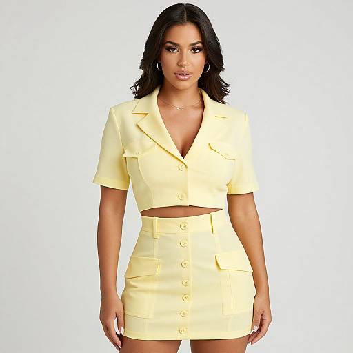 Photograph of a confident woman with medium brown skin, black wavy hair, wearing a yellow cropped blazer and high-waisted skirt.