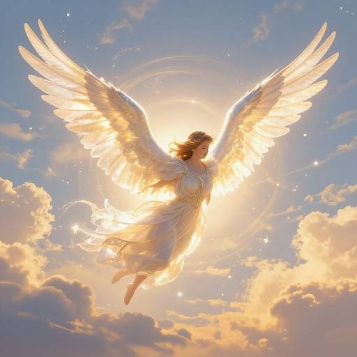 Angel with radiant golden wings and flowing white dress soaring through a sunlit, cloudy sky, surrounded by sparkling stars.