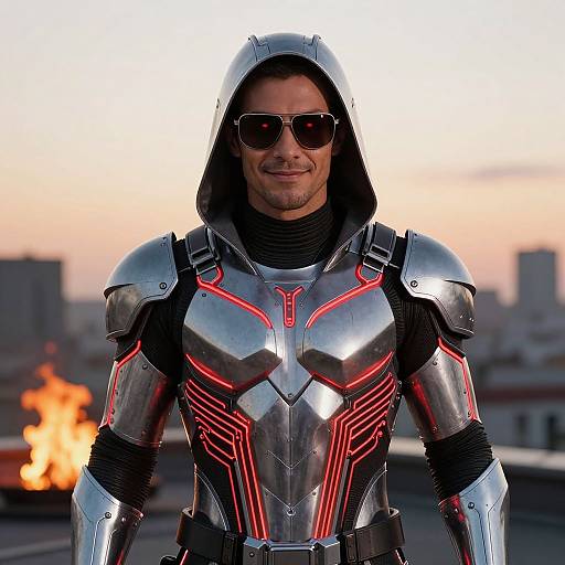 Photograph of a man in silver and red metallic armor with a hood, black scarf, and sunglasses, standing on a rooftop at sunset with a fire