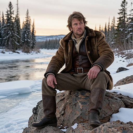 Photograph of a rugged, bearded man in a brown fur coat and leather pants, sitting on a rock by a snowy river, with tall pine