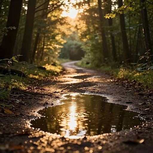 Photograph of a sunlit forest path with a reflecting puddle, surrounded by tall trees and green foliage, bathed in golden sunlight.
