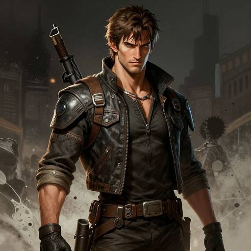 Digital artwork of a muscular, intense-eyed man with dark hair, wearing a black leather jacket, chest plate, and gun holster, standing in a sm