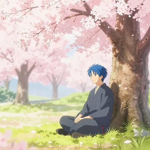 Digital anime-style drawing of a blue-haired boy in a black kimono, sitting calmly under a cherry blossom tree in a sunlit grassy field.