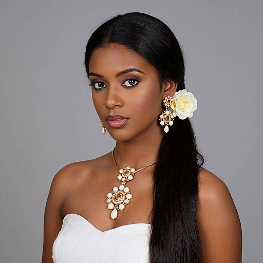Photograph of a beautiful Black woman with long black hair, wearing white strapless top, gold floral necklace, and large white flower earrings, against a