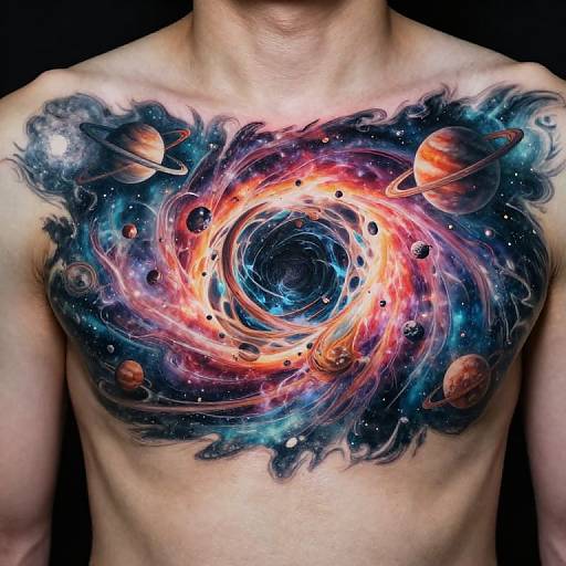 Photograph of a shirtless man with a vibrant, colorful galaxy and solar system tattoo covering his chest and shoulders.
