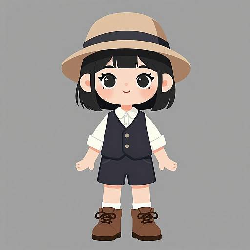 Cute Cartoon Girl in Fedora Outfit