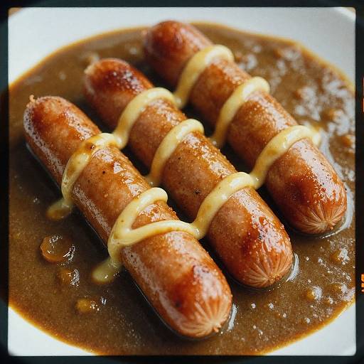 Photograph of four glistening, browned sausages in a rich, dark brown gravy, topped with a zigzag of creamy beige sauce,