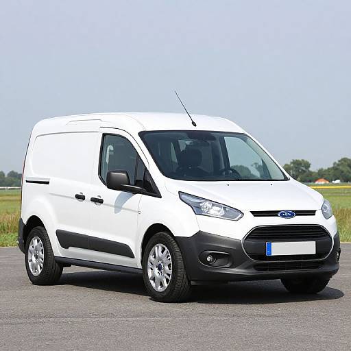 Photograph of a white Opel Combo van with black accents, parked on a paved surface with a clear blue sky and green field background.