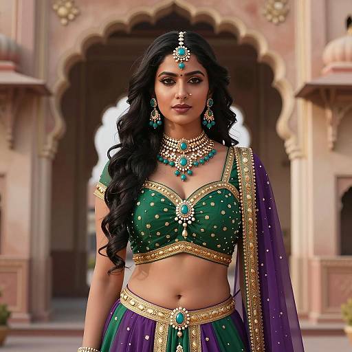 Indian Woman in Traditional Green and Purple Attire