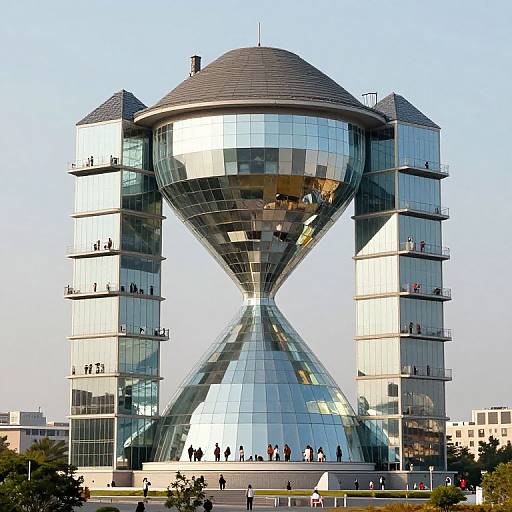 Photograph of a futuristic, glass-encased, hourglass-shaped skyscraper with people on multiple balconies, reflecting sunlight, set against a clear
