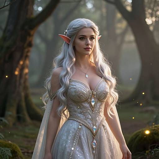 Digital fantasy artwork of a beautiful, white-haired elf woman with pointed ears, wearing a shimmering, gem-embellished, strapless dress,