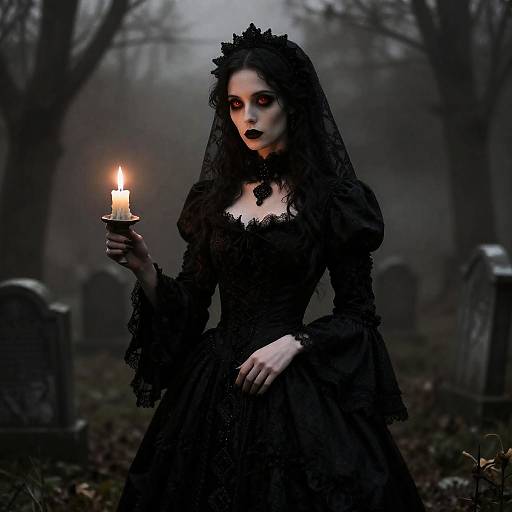 Gothic woman in black lace dress and veil, holding candle, standing in misty graveyard with gravestones, eerie, moody atmosphere.