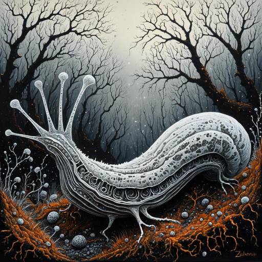 Gloomy Biomechanical Slug in Dark Forest