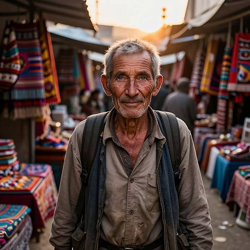 Photograph of an elderly man with weathered skin, gray hair, and beard, wearing a beige shirt and black vest, standing in a vibrant,