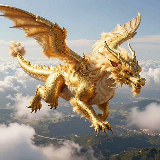Blonde Furry Dragon Soaring Above Clouds