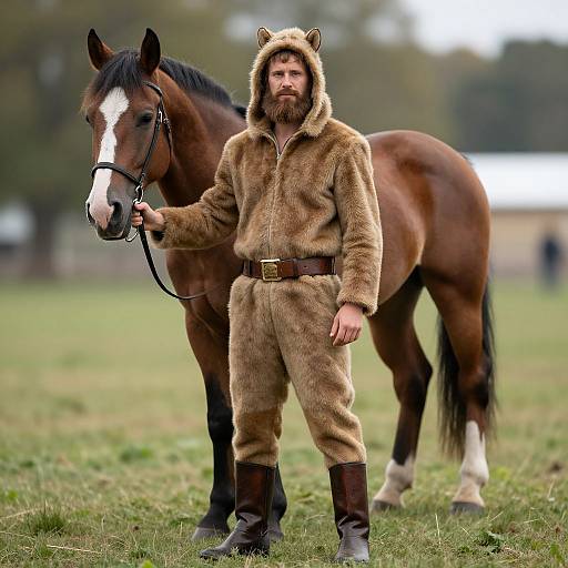 Photograph of a bearded man in a brown fur bear suit, standing beside a brown horse with a white blaze, in a grassy field.