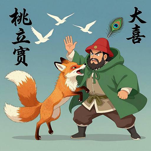 Animated Fox Leaping at Angry Man in Red Hat