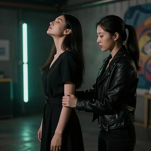 Neon-lit Intimate Industrial Portrait of Two Women