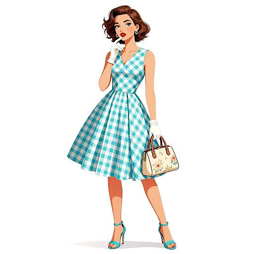 Digital illustration of a stylish woman in a blue and white checkered dress, holding a floral handbag, wearing blue heels, with short brown hair and