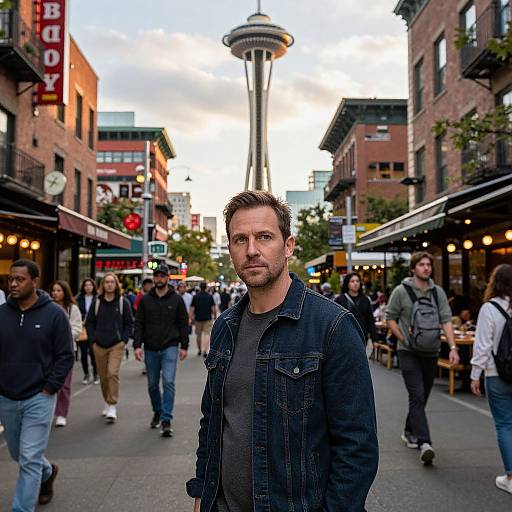 Photograph of a serious, bearded man in a denim jacket standing in a busy, urban street with the Space Needle in the background. People walk