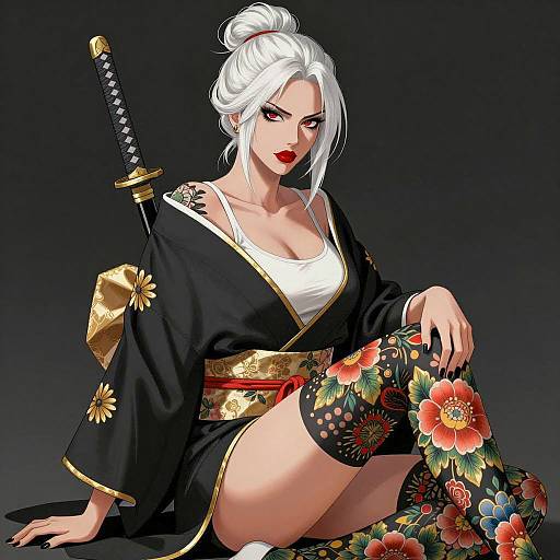 Tattooed Woman in Black Kimono with Katana