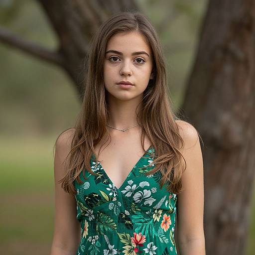 Photograph of a young woman with long brown hair, wearing a green floral dress with a deep V-neck, standing outdoors against a blurred tree background.