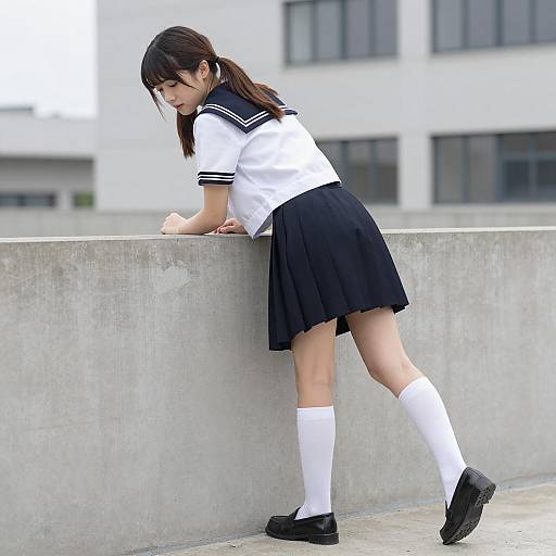 Japanese Schoolgirl Leaning on Concrete Wall