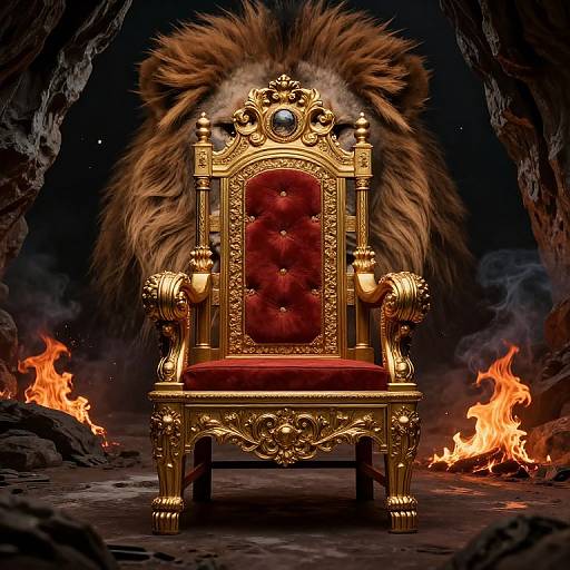 Digital art of an ornate, gold throne with red velvet cushions, fur backrest, and flaming surroundings in a dark cave.