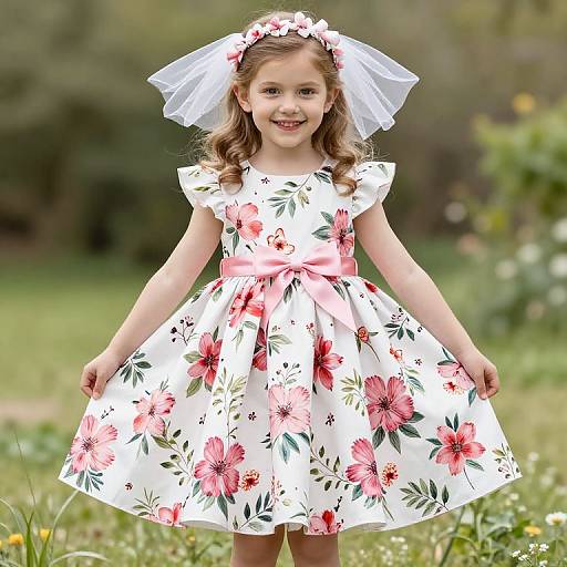 Photograph of a smiling young girl with curly brown hair, wearing a white floral dress with pink flowers, pink bow, and white veil headband,