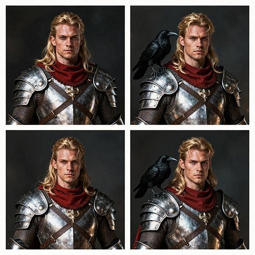 Photograph collage of a muscular, blond-haired man with long hair in shiny silver medieval armor and red scarf, serious expression, dark background.