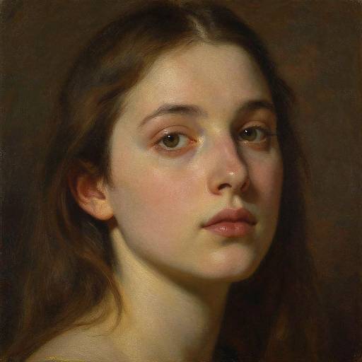 Photorealistic oil painting of a young Caucasian woman with fair skin, brown eyes, and long brown hair, looking slightly to the right. Dark background