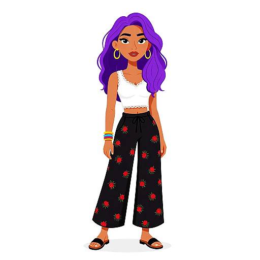 Digital illustration of a young woman with long purple hair, wearing a white cropped top, black pants with red star patterns, large hoop earrings, and black