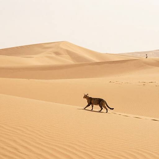 Photograph of a solitary, dark-furred wolf walking through a vast, sunlit desert with golden sand dunes and soft shadows.