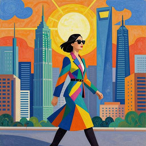 Digital artwork of a black-haired woman in a colorful geometric jacket, black pants, and sunglasses, walking against a vibrant, sunlit cityscape with tall