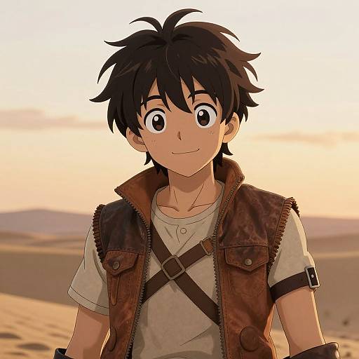 Anime-style drawing of a cute, young boy with black spiky hair, wearing a brown vest over a beige shirt, standing in a desert at sunset