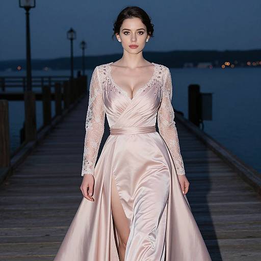 Photograph of a fair-skinned woman with dark hair in a white lace and satin wedding dress, walking on a wooden pier at dusk, with a