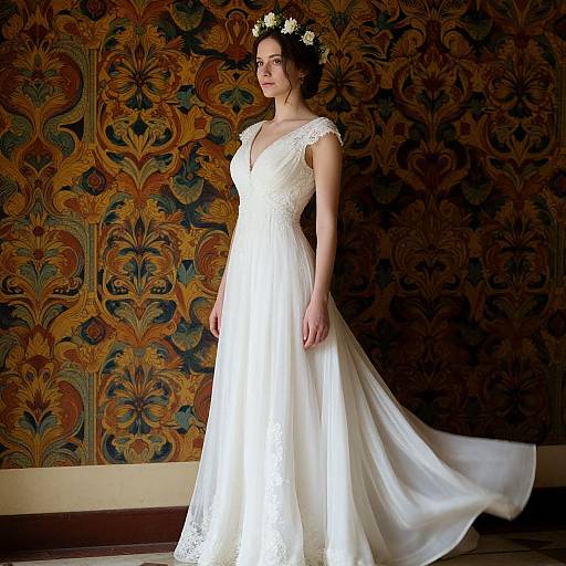 Photograph of a fair-skinned brunette bride in a white lace wedding dress with floral crown, standing against ornate, patterned wallpaper.