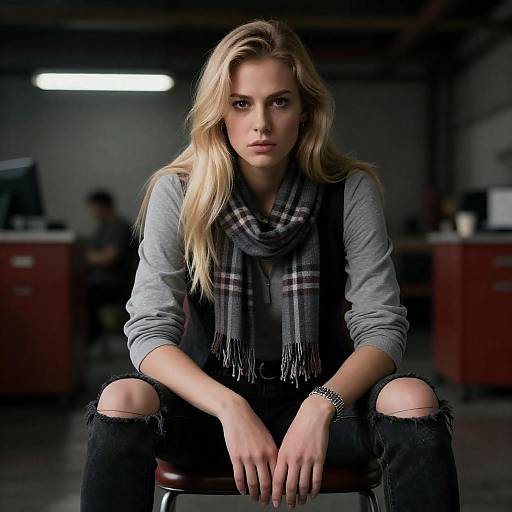 Blonde Woman Sitting in Industrial Setting