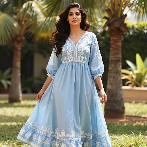 Photograph of a woman with long, wavy dark hair, wearing a light blue, embroidered dress, standing in a sunny garden with palm trees.