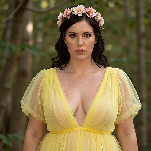 Photograph of a fair-skinned woman with dark hair, wearing a yellow, sheer, deep V-neck dress and a pink flower crown, standing in