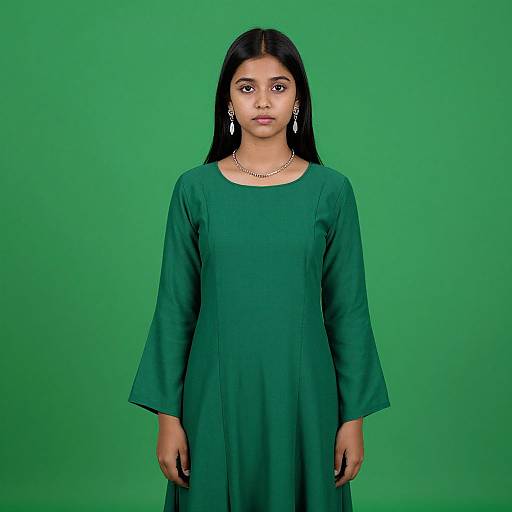 Photograph of a young South Asian woman with long black hair, wearing a green long-sleeve dress, gold necklace, and earrings, standing against