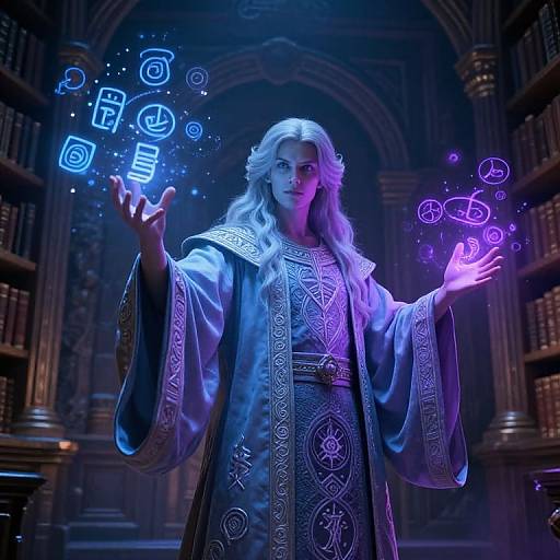 Photorealistic digital artwork of a long-haired, white-haired wizard in ornate blue robes, casting magical blue and purple orbs in a dimly lit