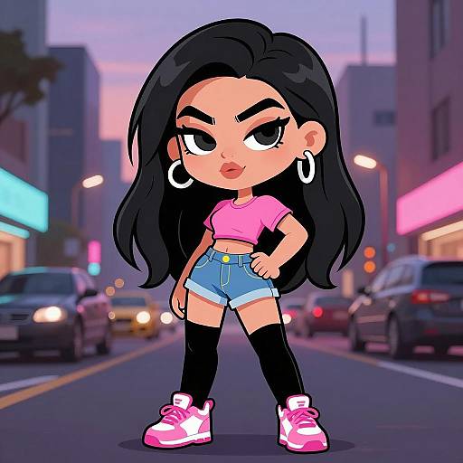 Confident Cartoon Woman on City Street