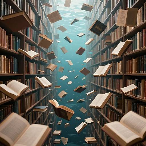 Photograph-like CGI of tall, dark bookshelves with books floating upward, creating a tunnel effect towards a bright, blue sky background.