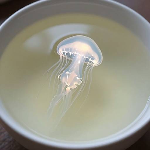 Photograph of a glowing jellyfish with translucent tentacles floating in a milky, light yellow liquid inside a white bowl.